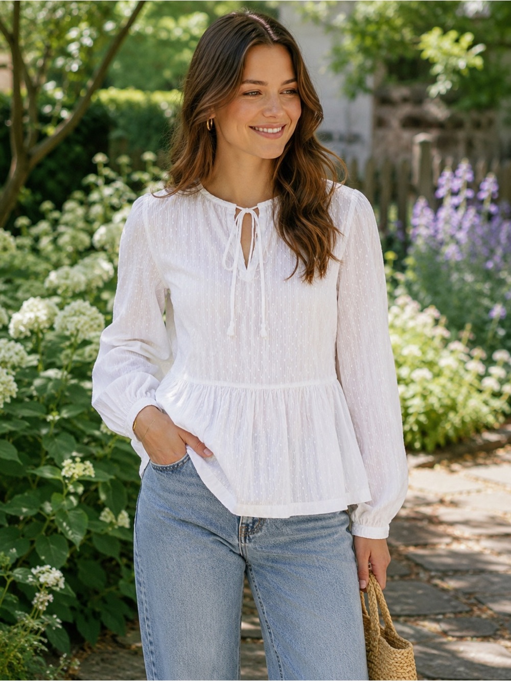 J.Crew White Swiss Dot Peplum Blouse Size 8 Cottagecore Boho Long Sleeve